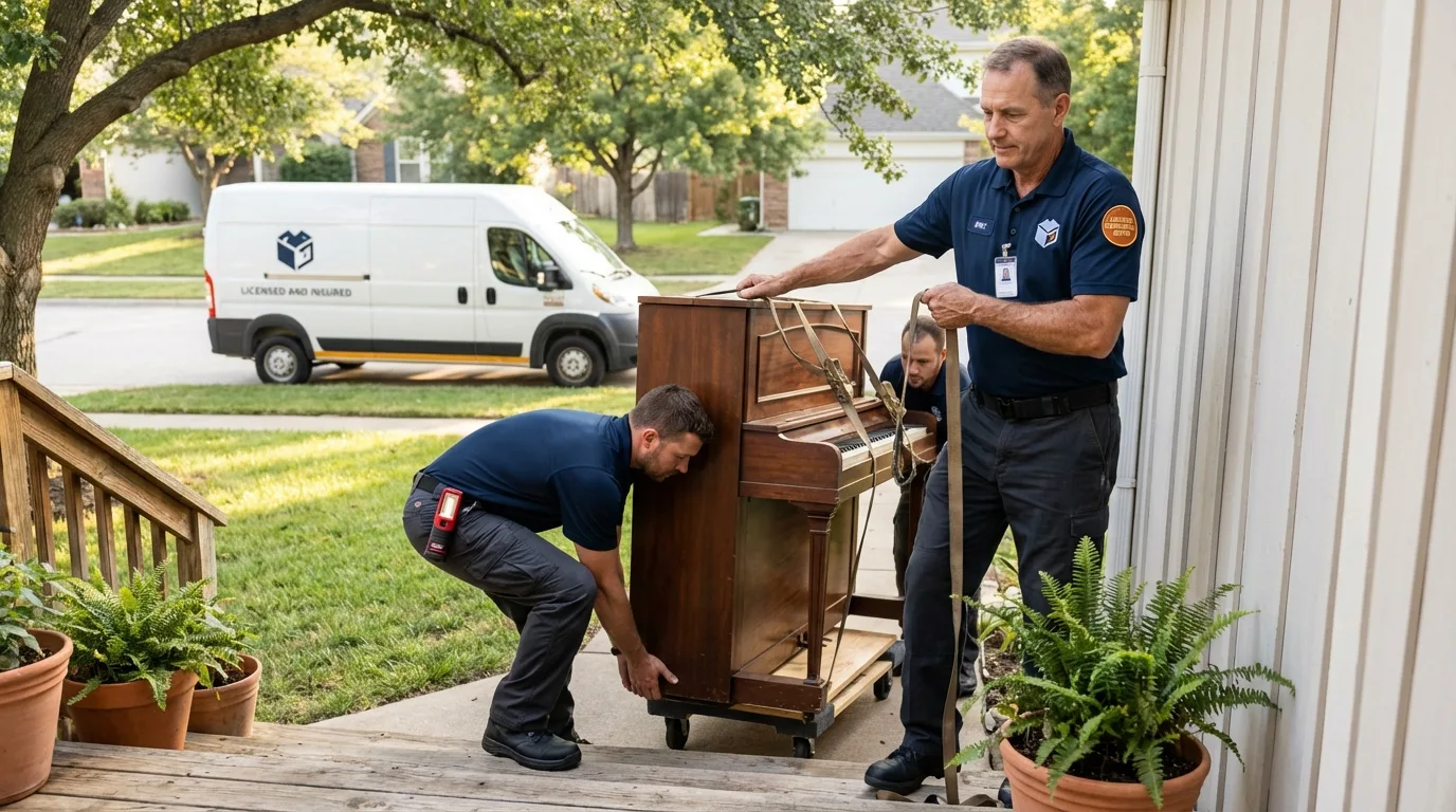 Licensed piano movers securing grand piano in Basehor, KS