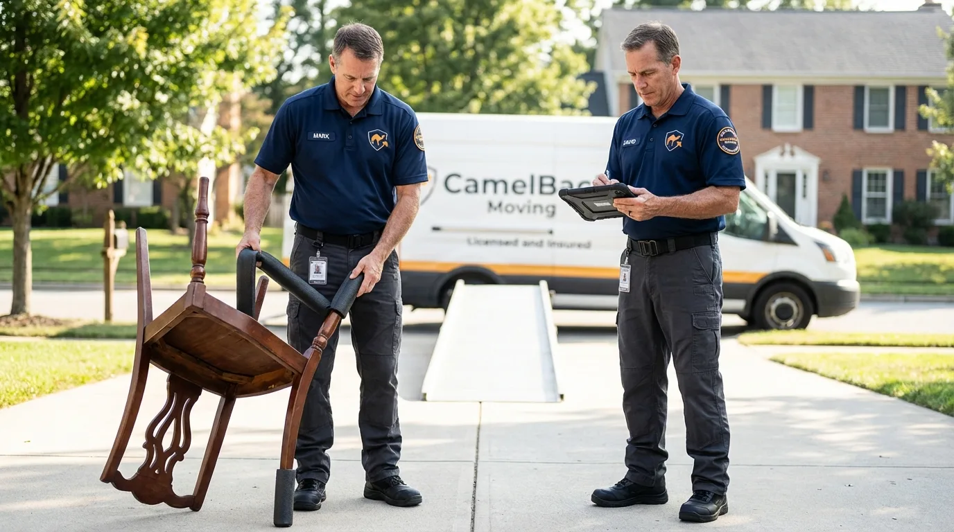 Movers inspecting furniture for damage prevention before loading in Basehor, KS