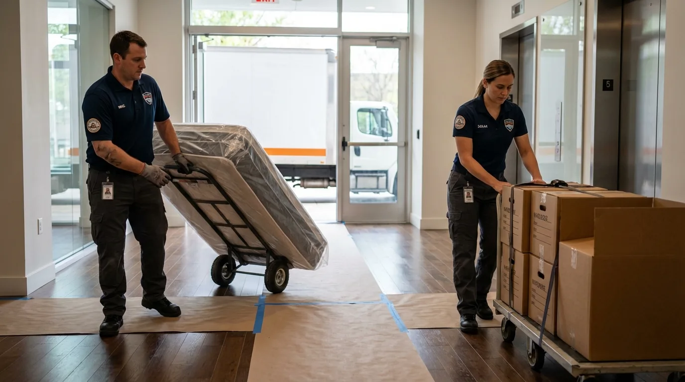 Professional apartment movers loading elevator in Basehor, KS