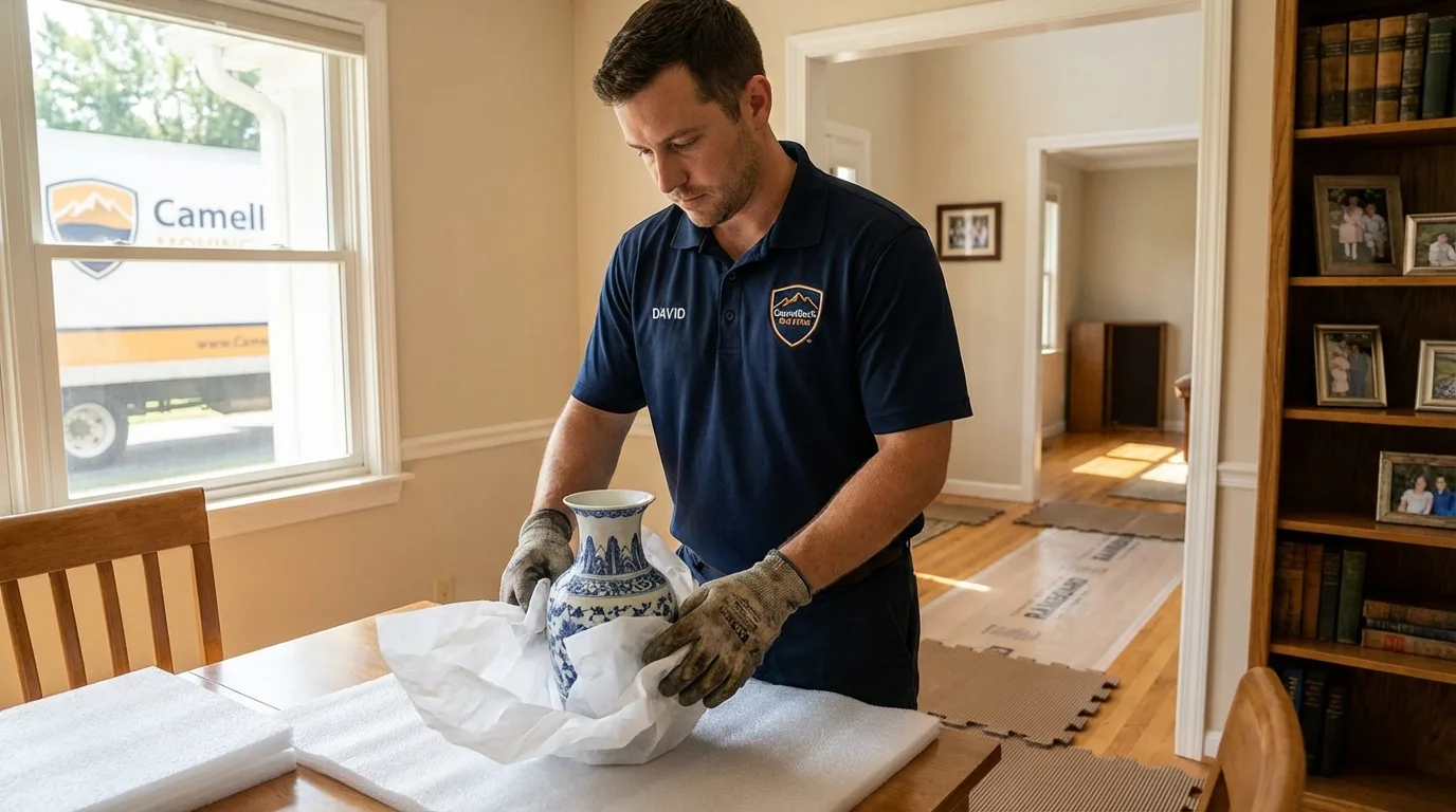 Professional crew carefully wrapping antique vase for senior downsizing move in Basehor, KS